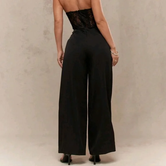 Sheer Lace Boned Corset Detail Pleated Pants Bandeau Jumpsuit - Picture 4 of 6